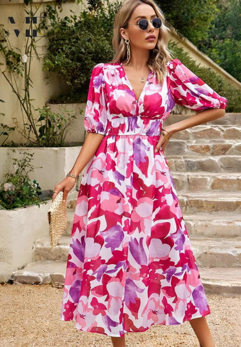 Women's V-Neck Midi Dress with Puff Sleeves