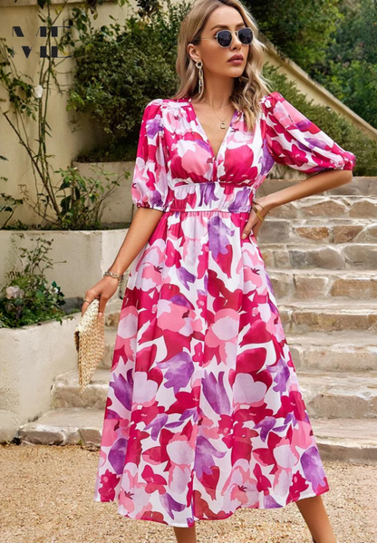 Women's V-Neck Midi Dress with Puff Sleeves