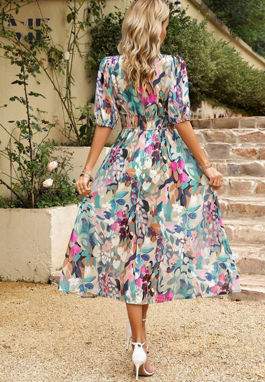 Women's V-Neck Midi Dress with Puff Sleeves