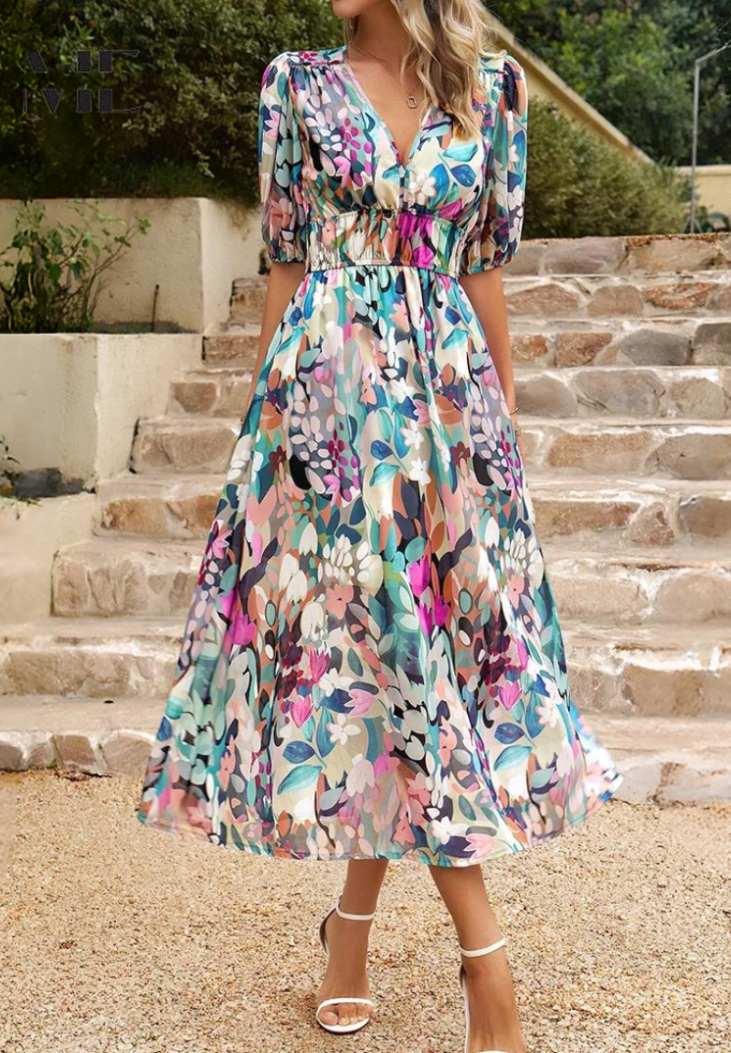 Women's V-Neck Midi Dress with Puff Sleeves