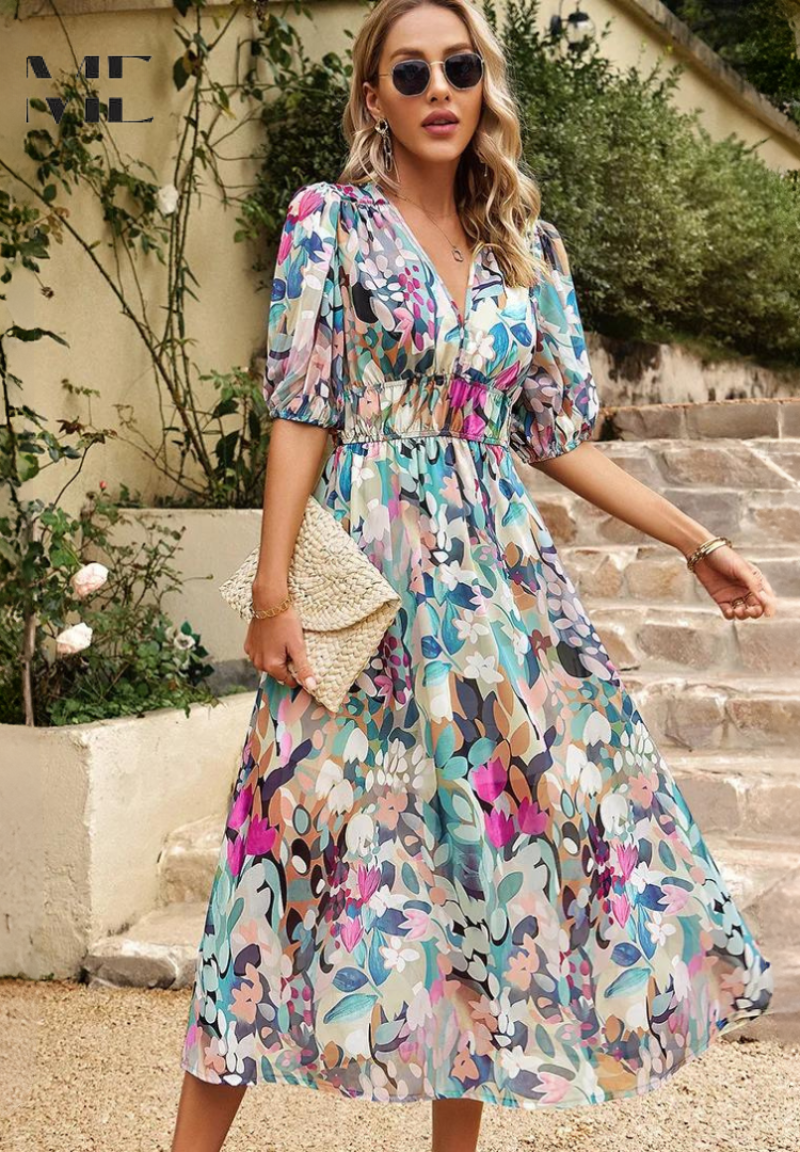Women's V-Neck Midi Dress with Puff Sleeves