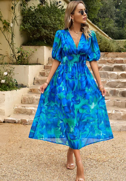 Women's V-Neck Midi Dress with Puff Sleeves