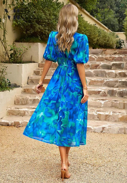 Women's V-Neck Midi Dress with Puff Sleeves