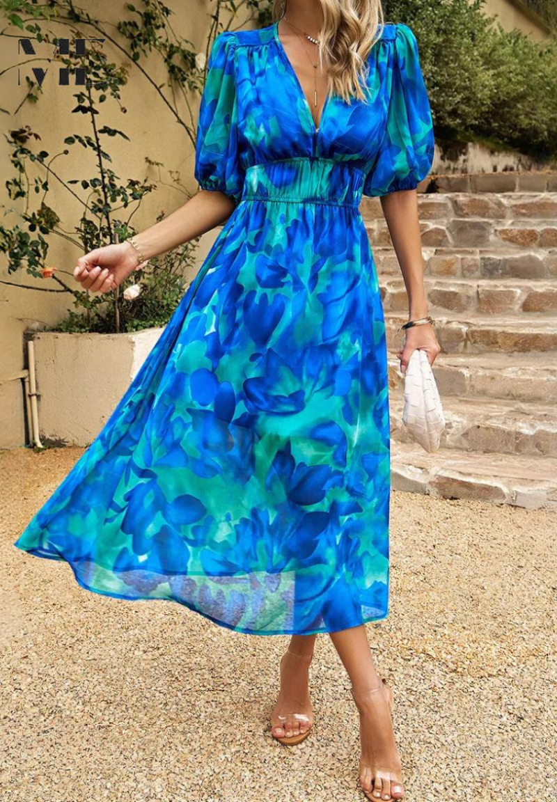 Women's V-Neck Midi Dress with Puff Sleeves