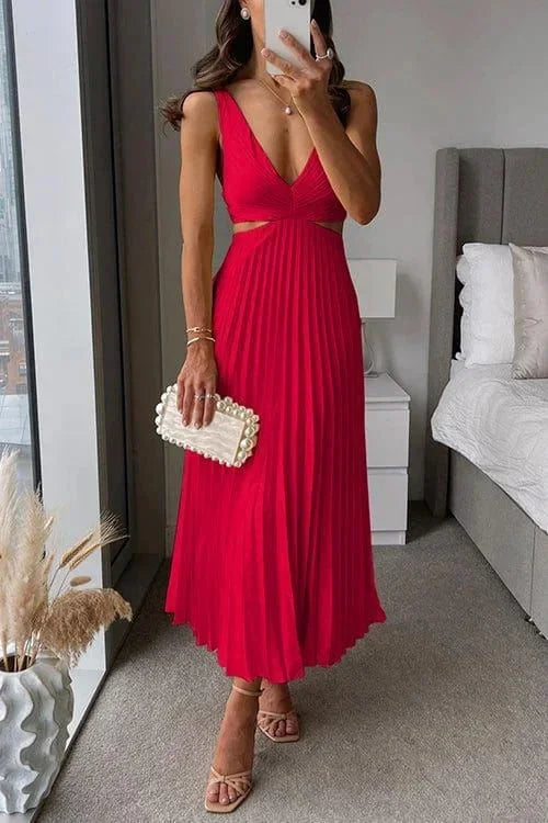 Women's V-Neck Pleated Midi Dress with Cutouts
