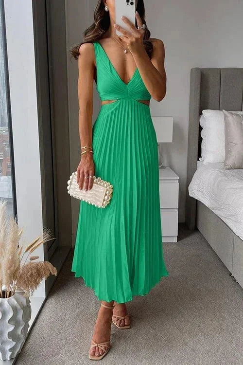 Women's V-Neck Pleated Midi Dress with Cutouts
