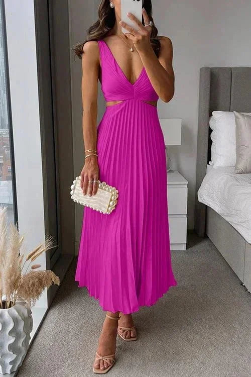 Women's V-Neck Pleated Midi Dress with Cutouts