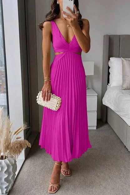 Women's V-Neck Pleated Midi Dress with Cutouts