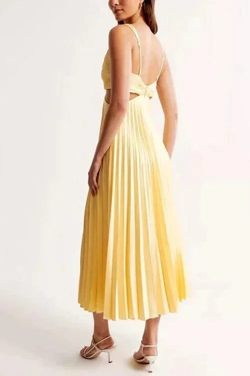 Women's V-Neck Pleated Midi Dress with Cutouts