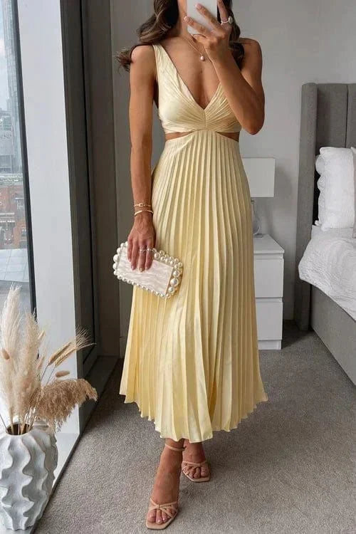 Women's V-Neck Pleated Midi Dress with Cutouts
