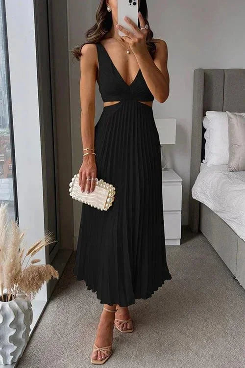 Women's V-Neck Pleated Midi Dress with Cutouts