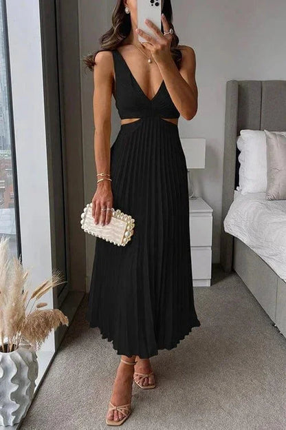 Women's V-Neck Pleated Midi Dress with Cutouts