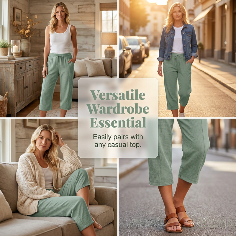 Women's Wide-Leg Capri Pants with Elastic Waist