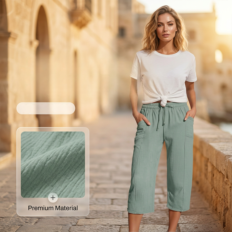 Women's Wide-Leg Capri Pants with Elastic Waist